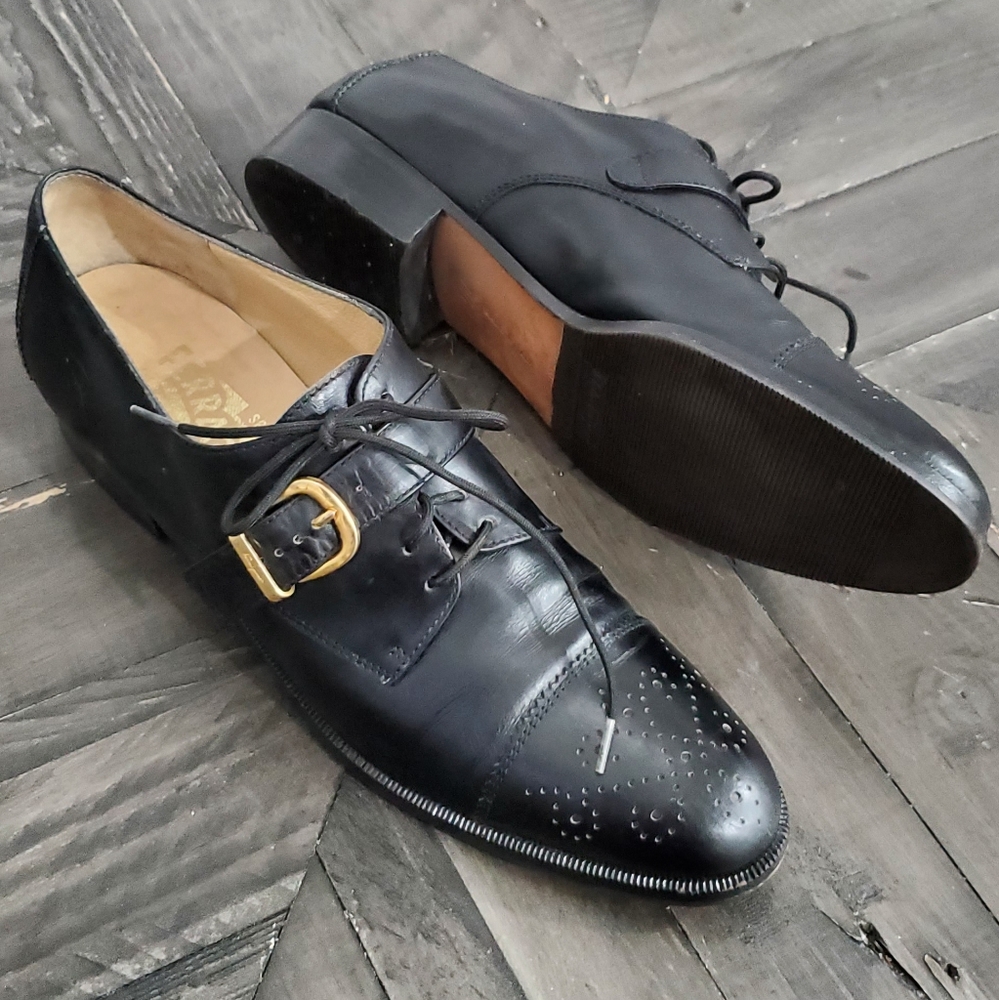 Salvatore Ferragamo Black Leather Flats with Gold Buckle
